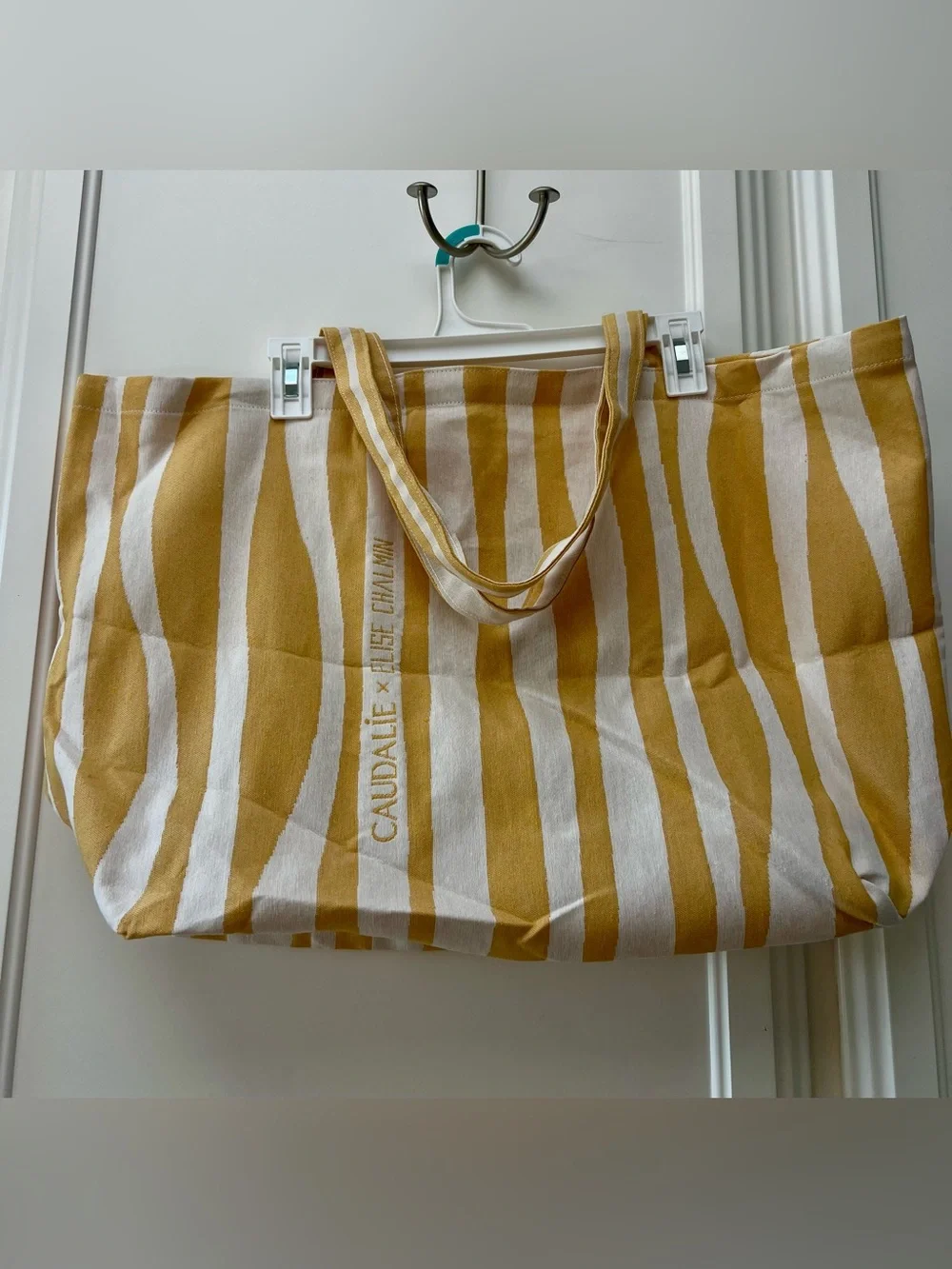 Caudalie💛 Yellow and Cream Stripe Canvas Tote